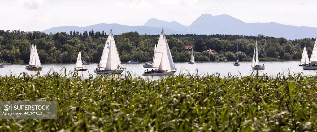 Sailing boats on Lake Chiemsee in Bavaria Germany