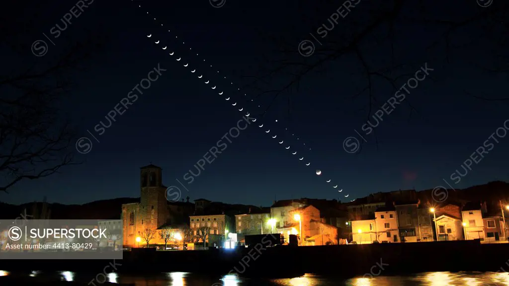 Moon and Venus lying down on the city of Langeac France