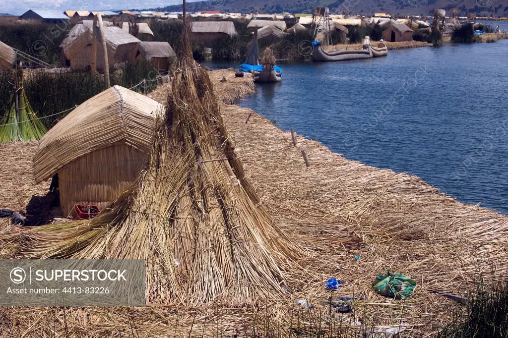 House built in Reeds Lake Titicaca Puno Peru