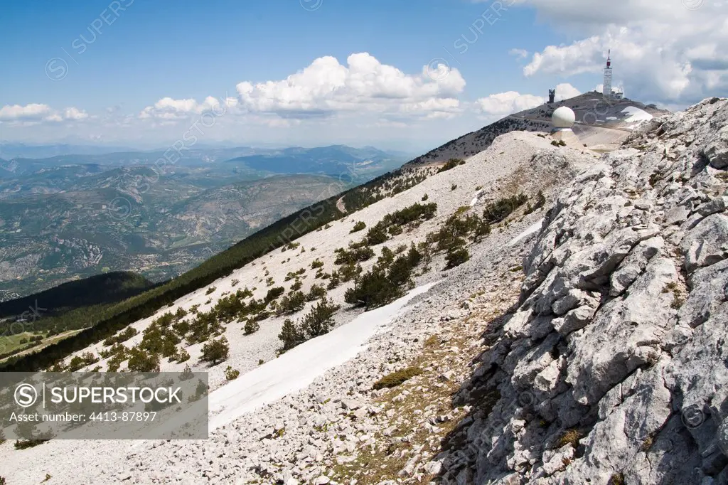 Summit of the mount Ventoux and north mountainside France