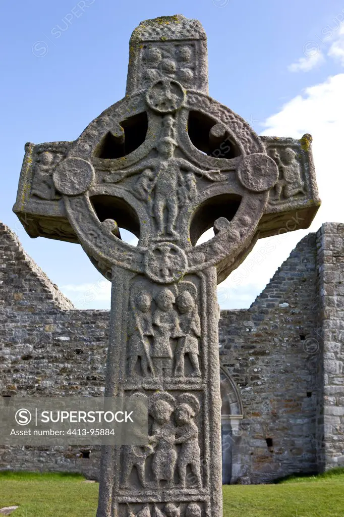 Celtic crucifix in the monastery of Clonmacnoise in Ireland