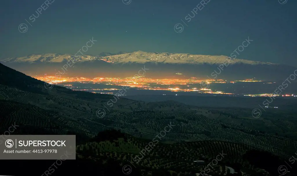 Sierra Nevada of night surrounded by Olives Spain