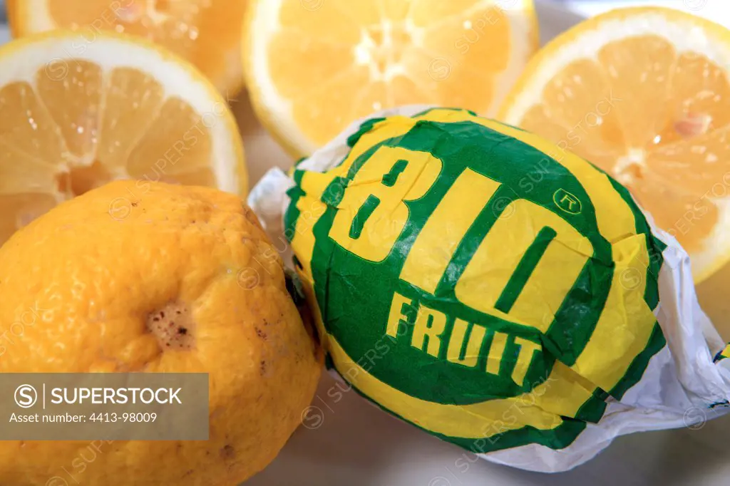 Lemon with packaging labeled organic