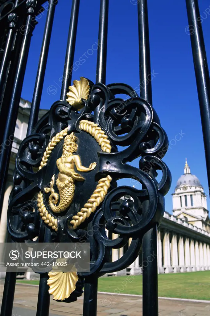 Close-up of a gate of a college, Royal Naval College, Greenwich, London, England