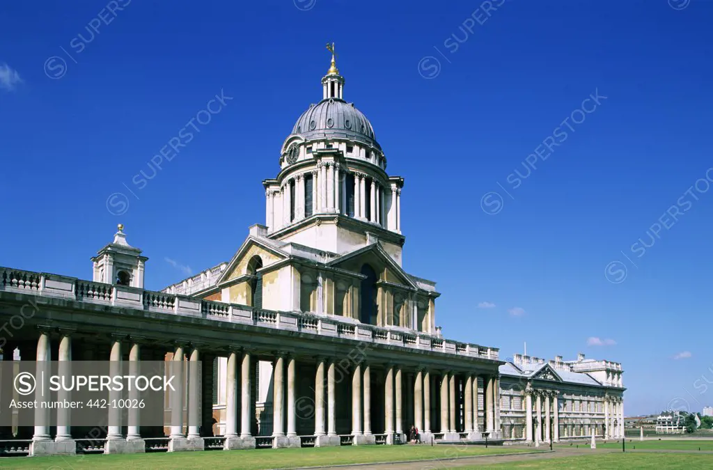 Low angle view of an educational building, King William Court, Royal Naval College, Greenwich, London, England