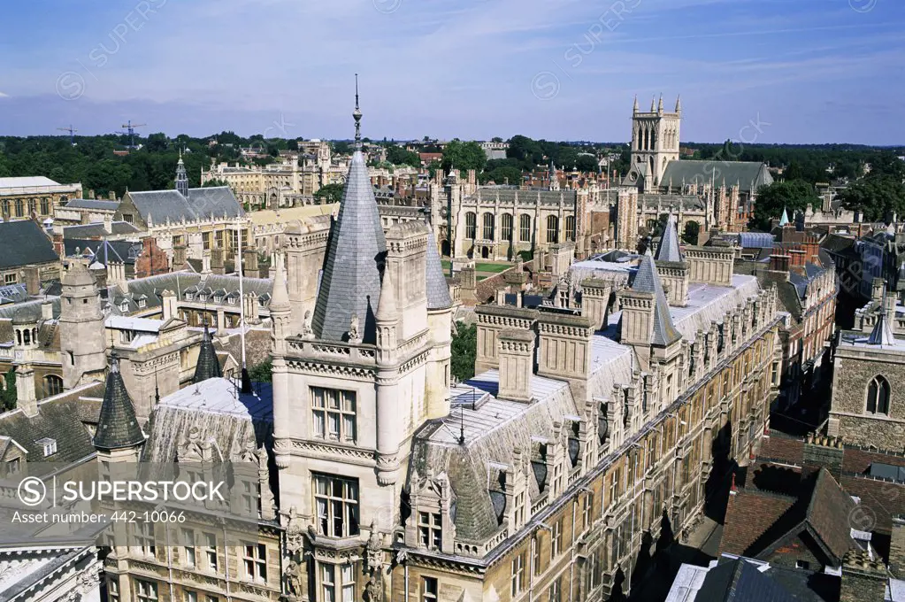 High angle view of buildings in a city, Trinity College, St. John's College, Cambridge, England