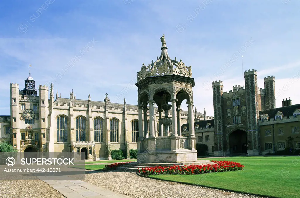 Fountain at a college, Great Court, Trinity College, Cambridge, England