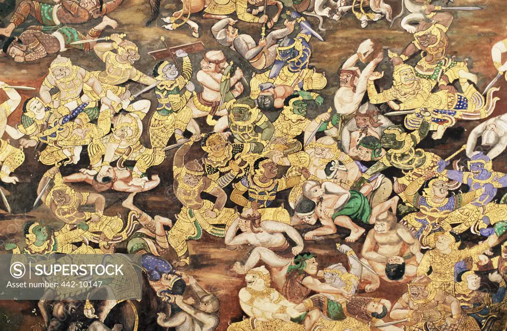 Close-up of a mural on the wall of a temple depicting a battle scene from the Ramakien Epic, Grand Palace, Wat Phra Kaeo, Bangkok, Thailand