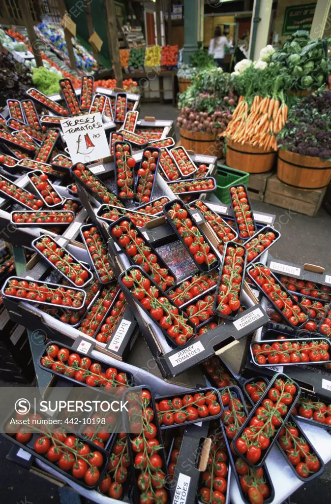 High angle view of vegetables at a market stall, Borough Market, Southwark, London, England