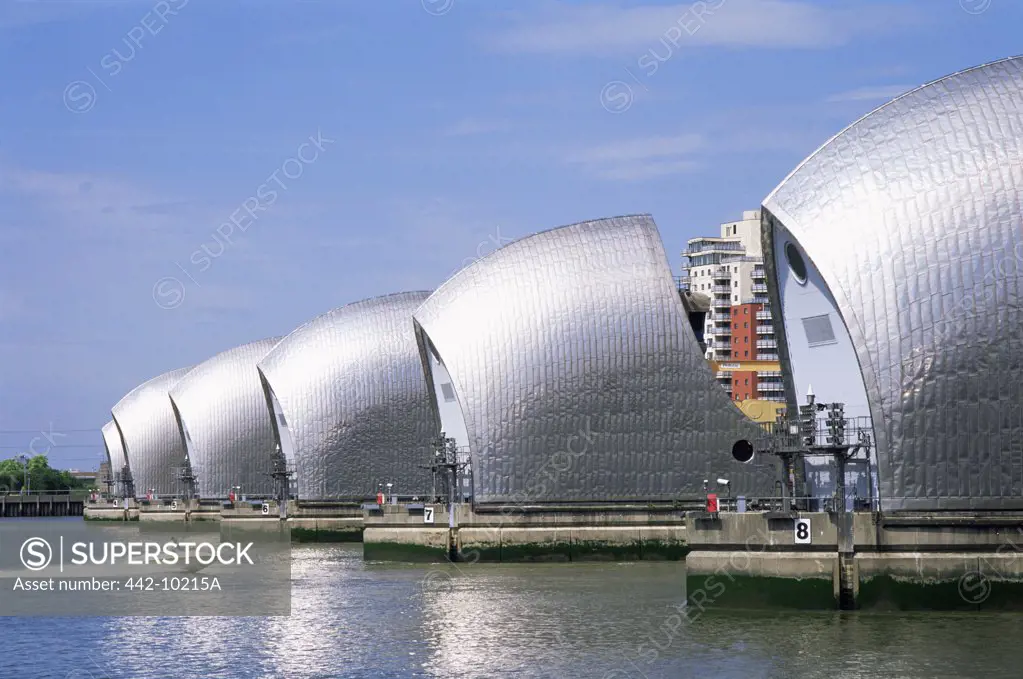 Flood barriers at the riverbank, Thames Barrier, London, England
