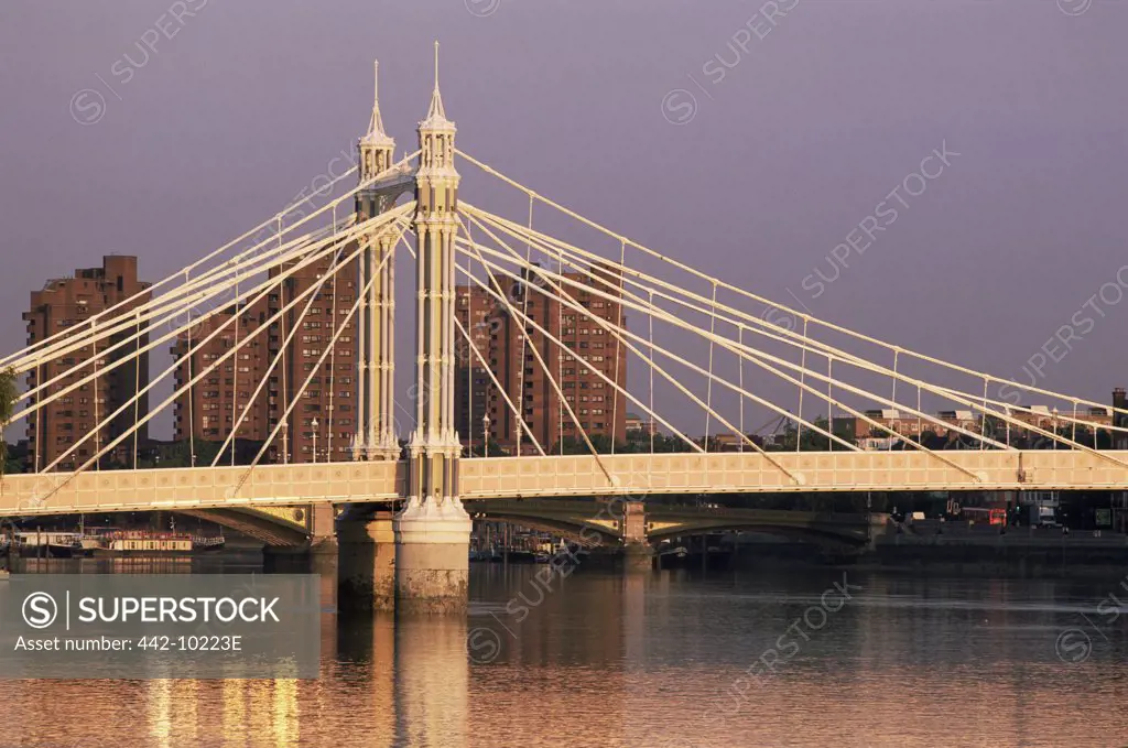 Suspension bridge across a river, Albert Bridge, Thames River, London, England