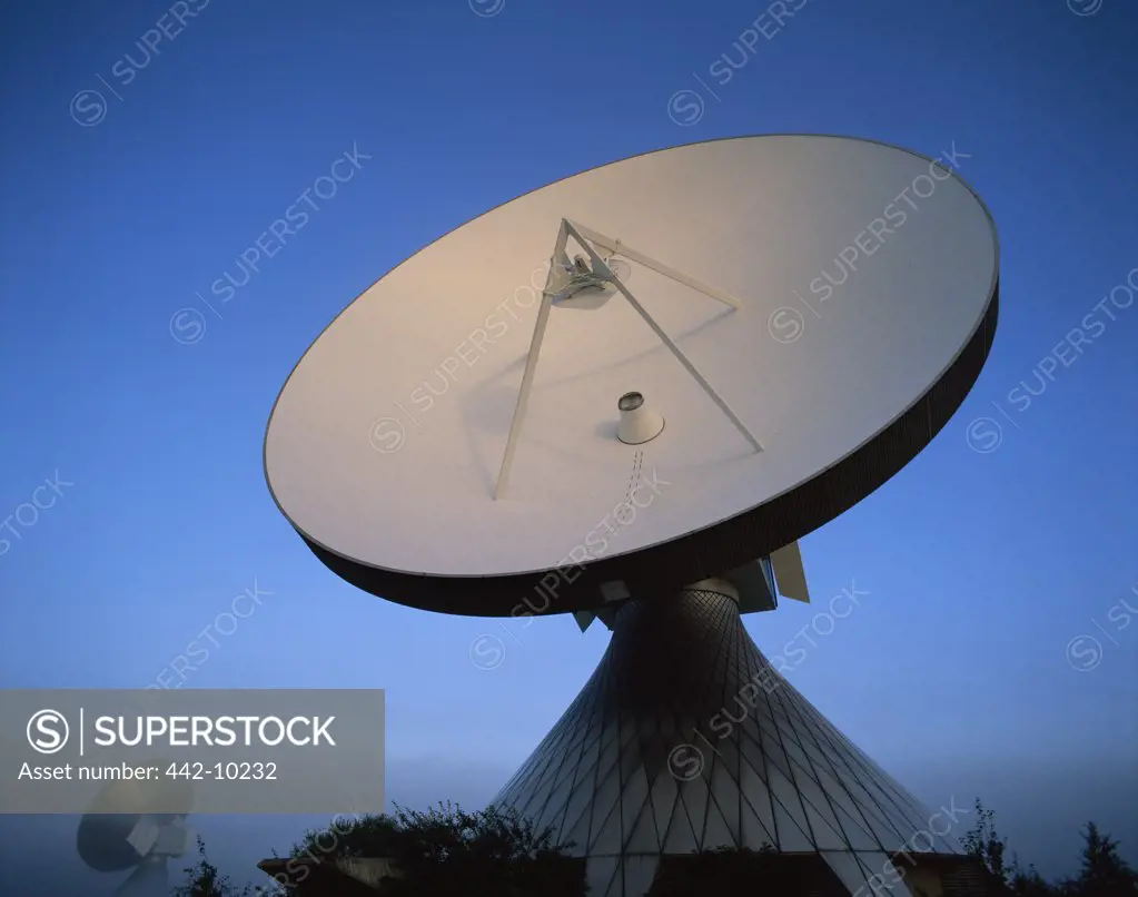 Low angle view of a satellite dish, Satellite Communications Station, Raisting, Bavaria, Germany