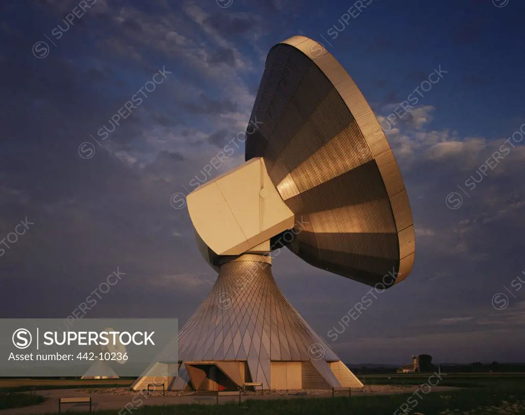 Two satellite dishes on a landscape, Satellite Communications Station, Raisting, Bavaria, Germany