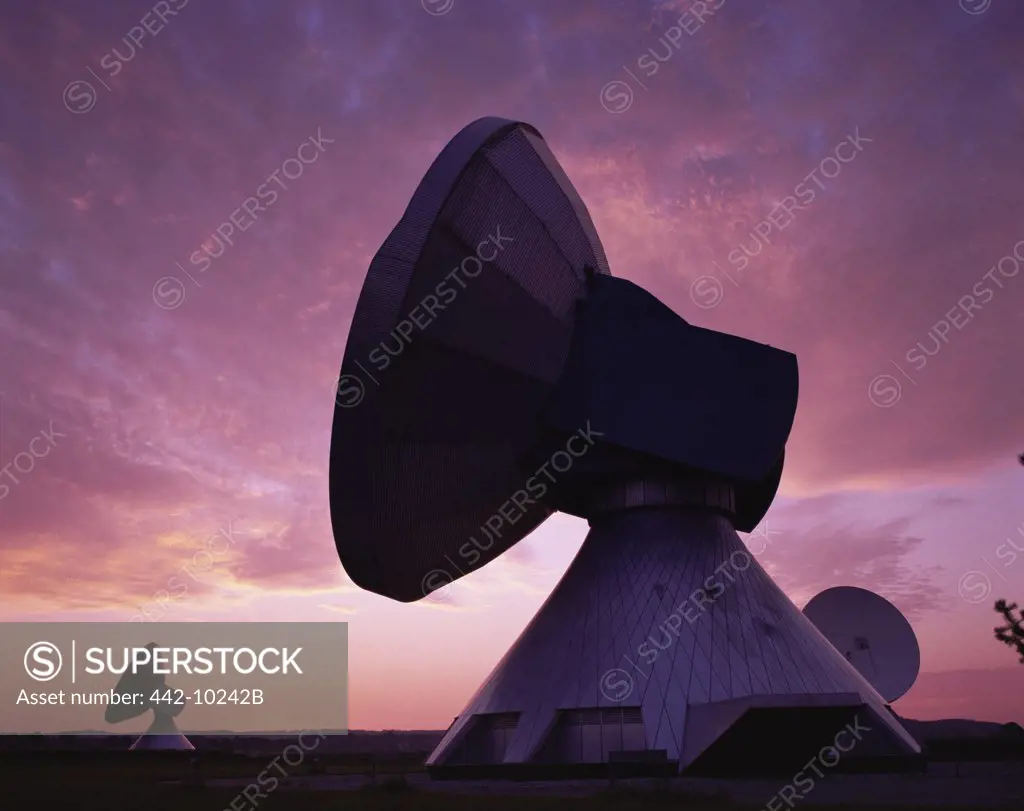 Silhouette of satellite dishes, Satellite Communications Station, Raisting, Bavaria, Germany