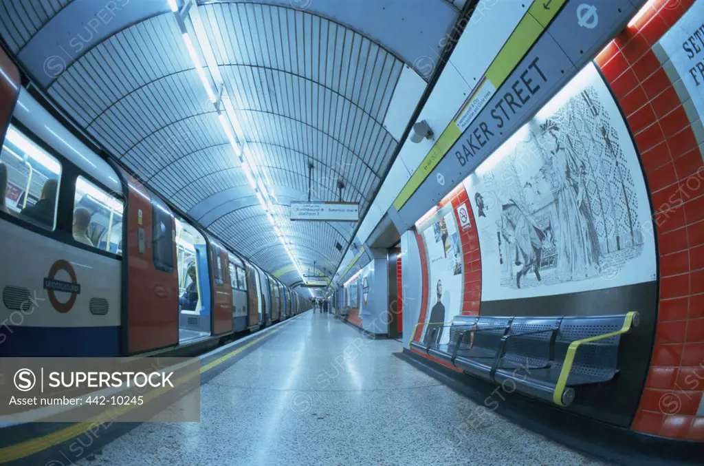 Subway train in a subway station, Baker Street Tube Station, London, England