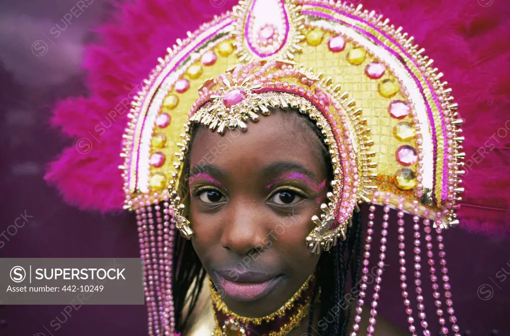 Close-up of a girl in a carnival parade, Notting Hill Carnival, Notting Hill, London, England