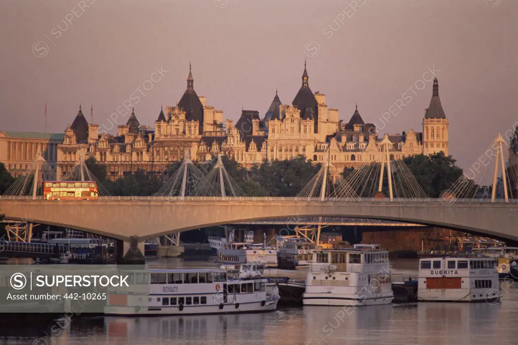 Tourboats in the harbor, Thames River, Victoria Embankment, Whitehall, London, England