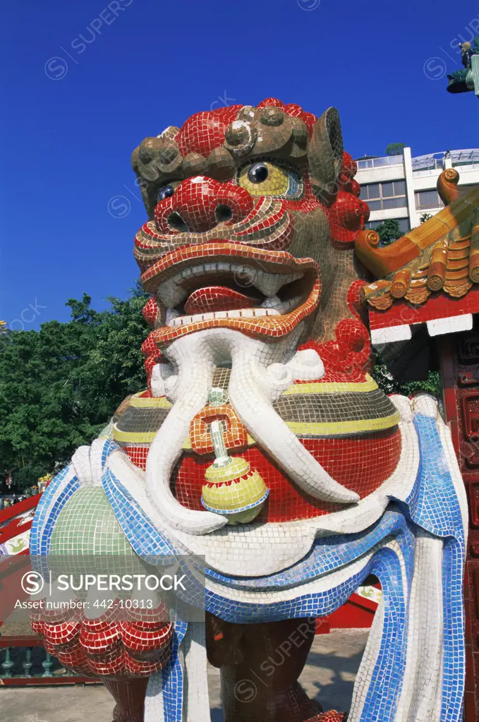 Close-up of a lion statue, Repulse Bay Temple, Hong Kong, China