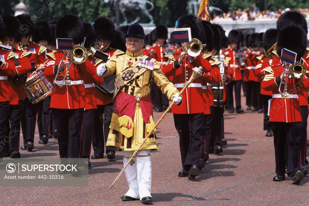 British Royal Guard military band performing in a ceremony, Changing of the Guard, London, England