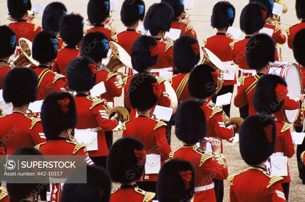 High angle view of the British Royal Guard military band, Changing of the Guard, London, England