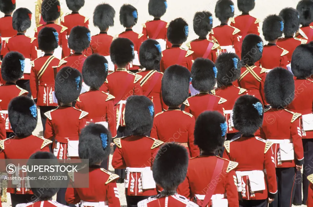 High angle view of British Royal Guards, Trooping the Colour, Horse Guards Parade, Whitehall, London, England