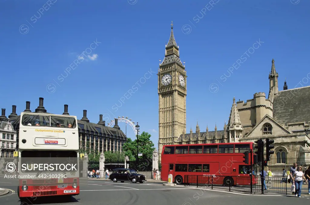 Street in front of a clock tower, Big Ben, Westminster, London, England