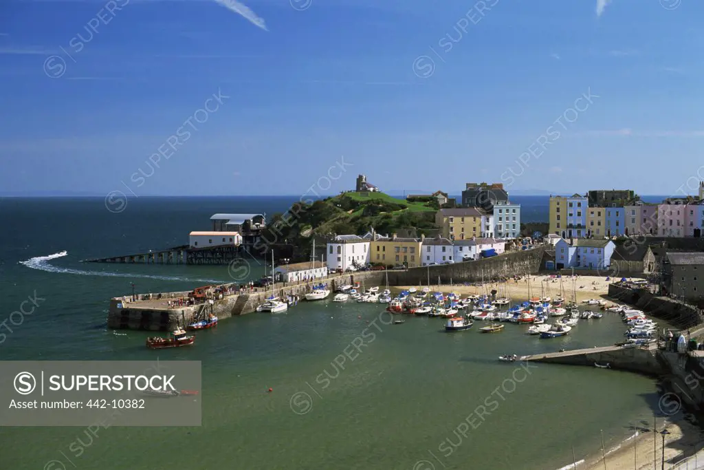 High angle view of boats docked at a harbor, Tenby, Pembrokeshire, Wales