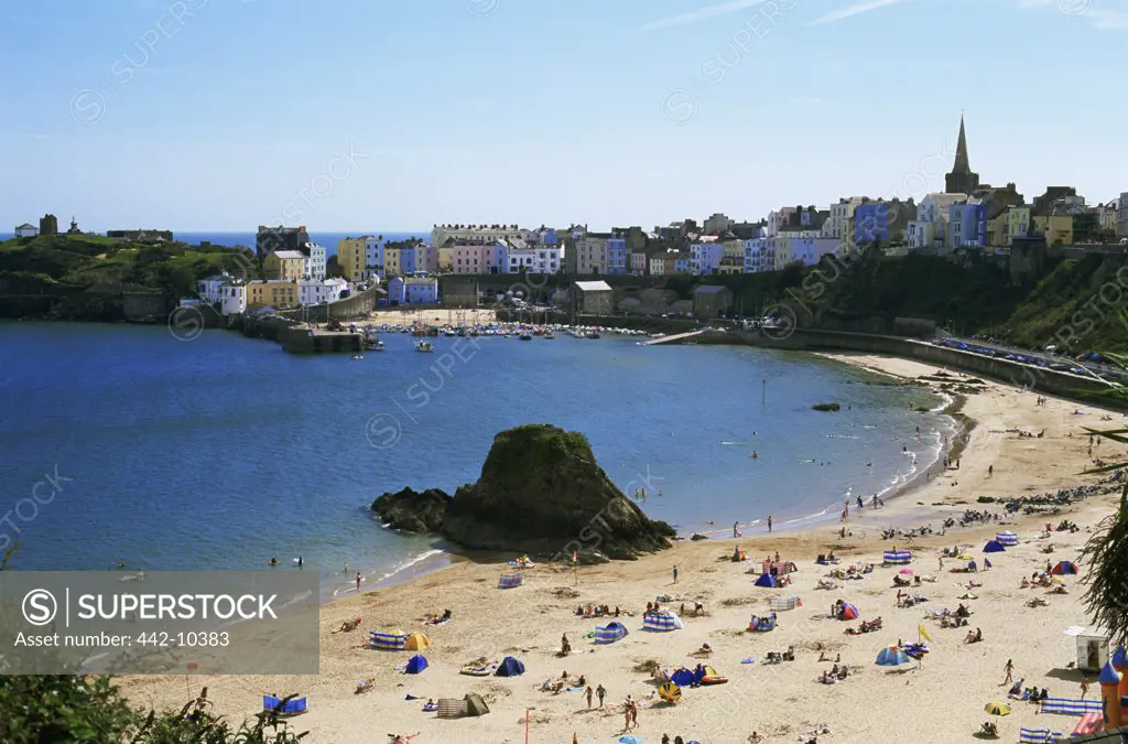 High angle view of tourists on the beach, Tenby, Pembrokeshire, Wales