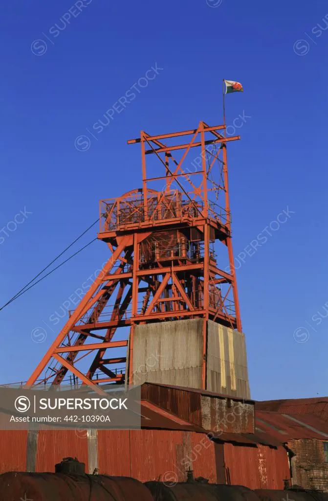 Low angle view of a headframe, Big Pit National Coal Museum, Blaenavon, Monmouthshire, Wales