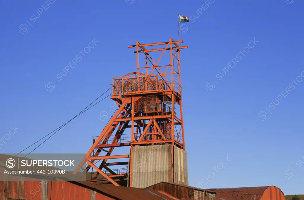 Low angle view of a headframe, Big Pit National Coal Museum, Blaenavon, Monmouthshire, Wales