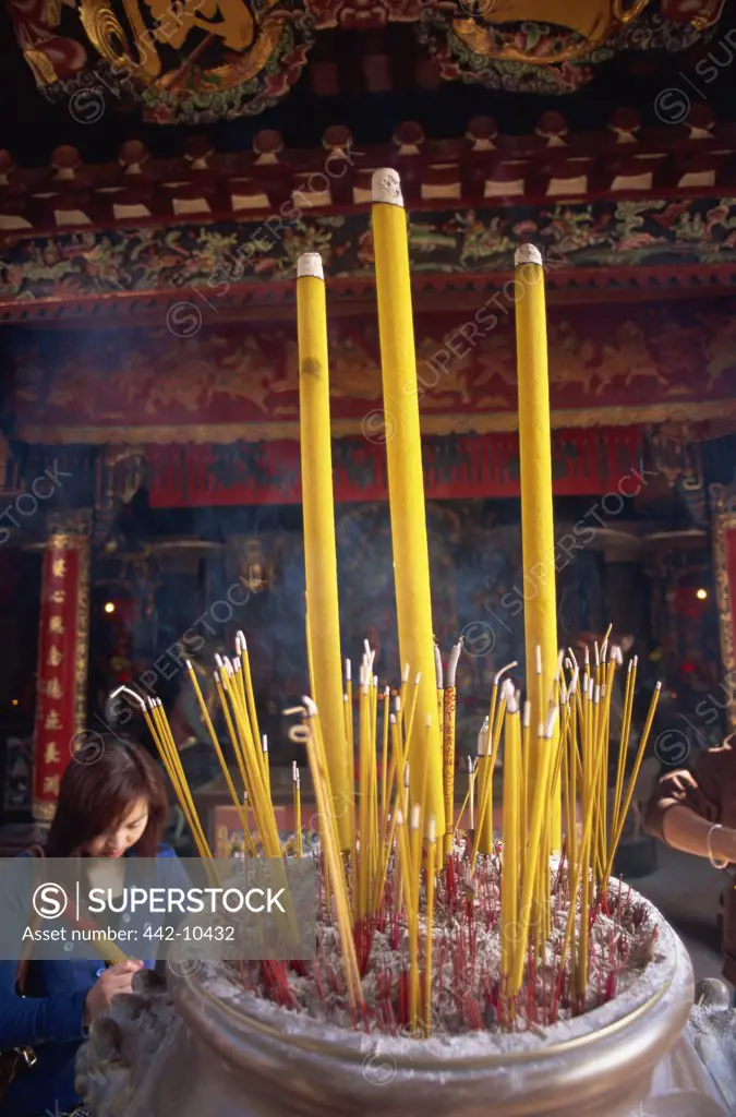Close-up of incense sticks burning in a temple, Pak Tai Temple, Cheung Chau, Hong Kong, China