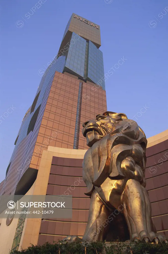 Lion's statue in front of a hotel, MGM Grand Hotel and Casino, Macao, China