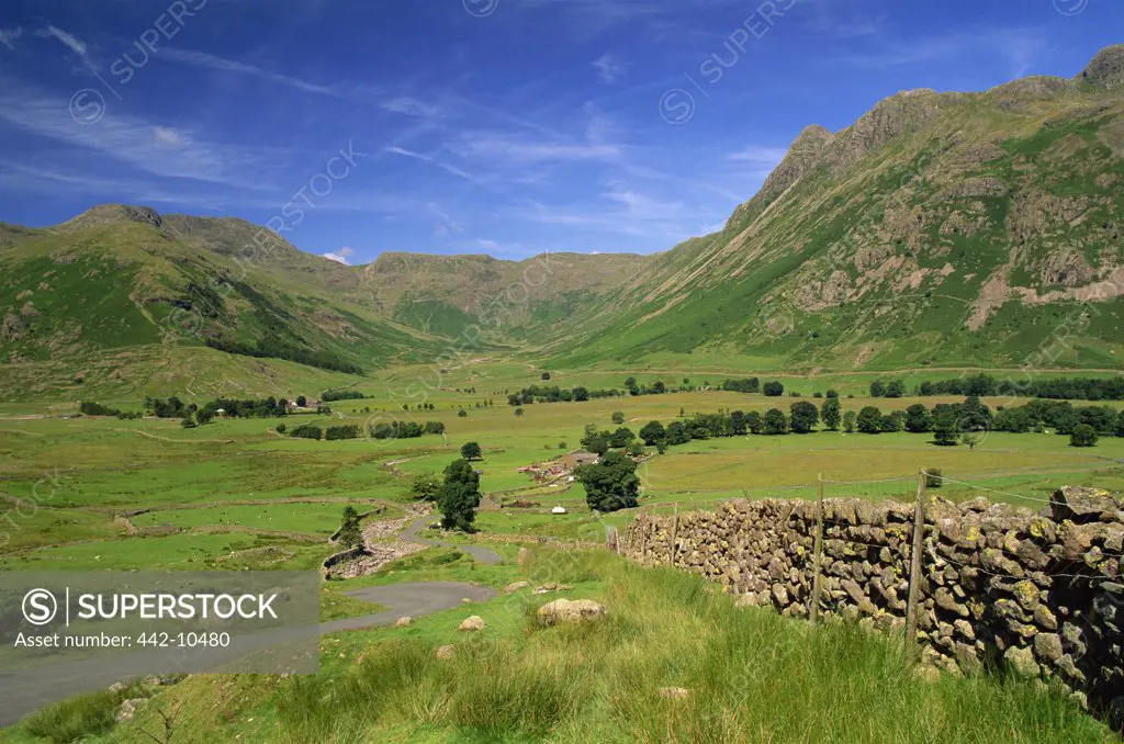 Panoramic view of mountains, Cumbrian Mountains, Great Langdale, English Lake District, Cumbria, England