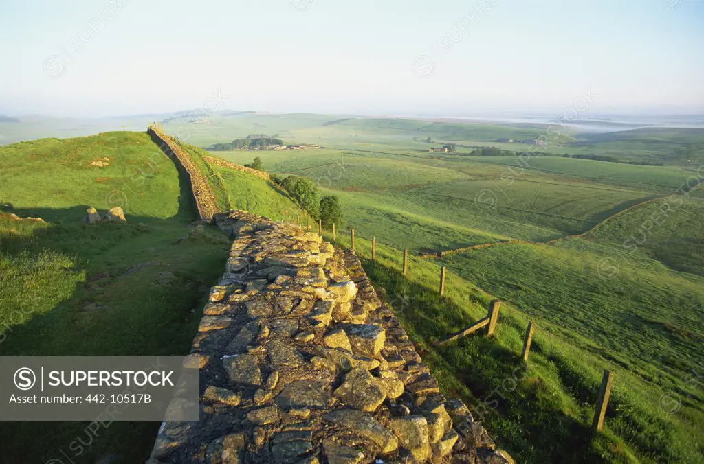 Ruins of a stone wall in a field, Hadrian's Wall, Northumbria, England