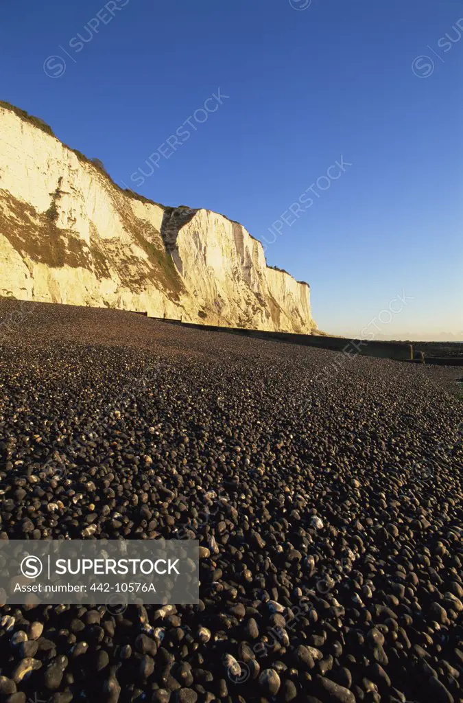 Limestone cliffs on the beach, White Cliffs Of Dover, St. Margarets Bay, Kent, England