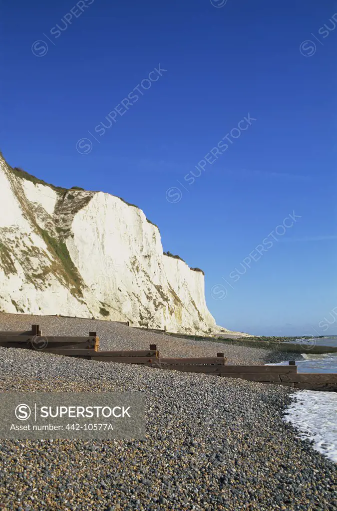 Limestone cliffs on the beach, White Cliffs Of Dover, St. Margarets Bay, Kent, England