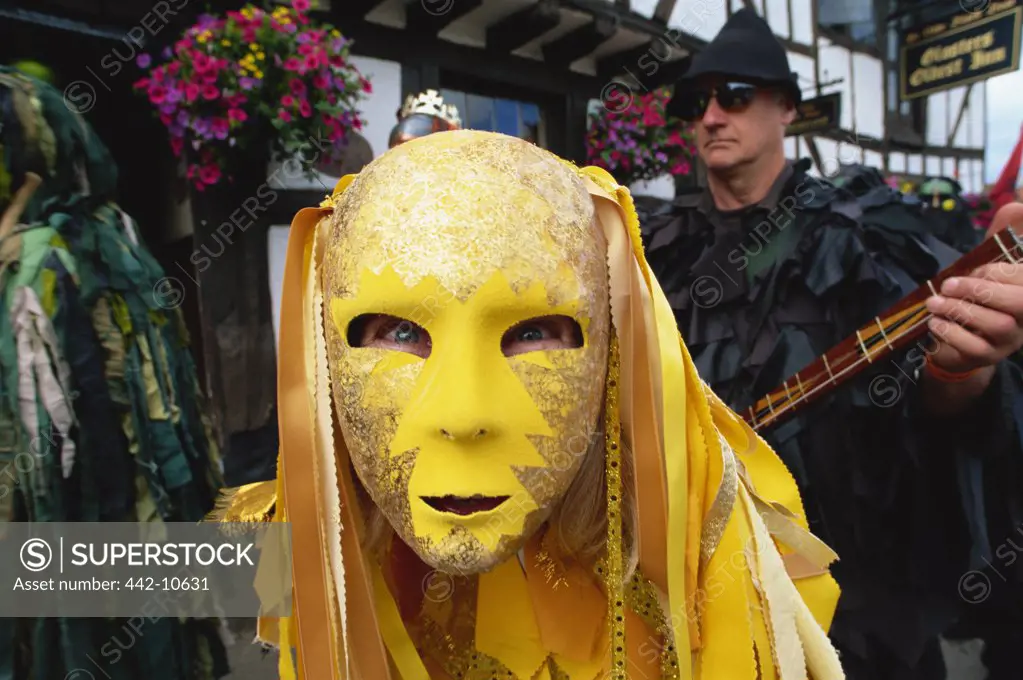 Morris dancer wearing a mask, Rochester, Kent, England