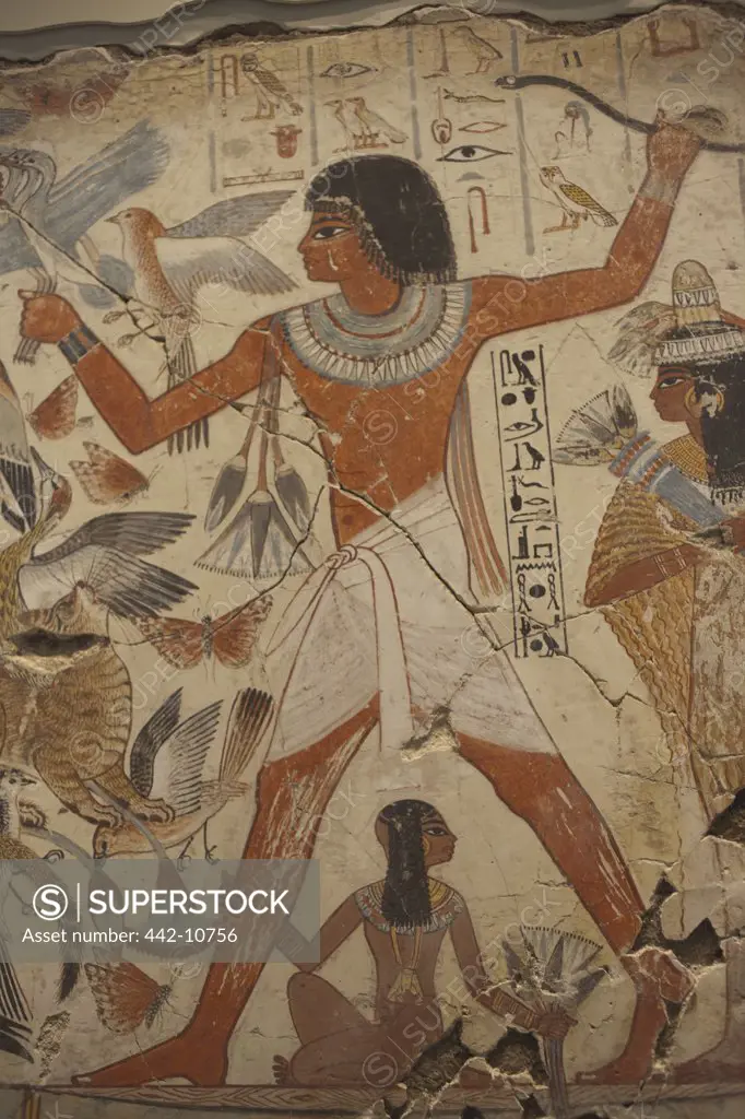 Wall painting of Nebamun hunting in the marshes from Nebamun Tomb Chapel Luxor (1350 BC), British Museum, London, England