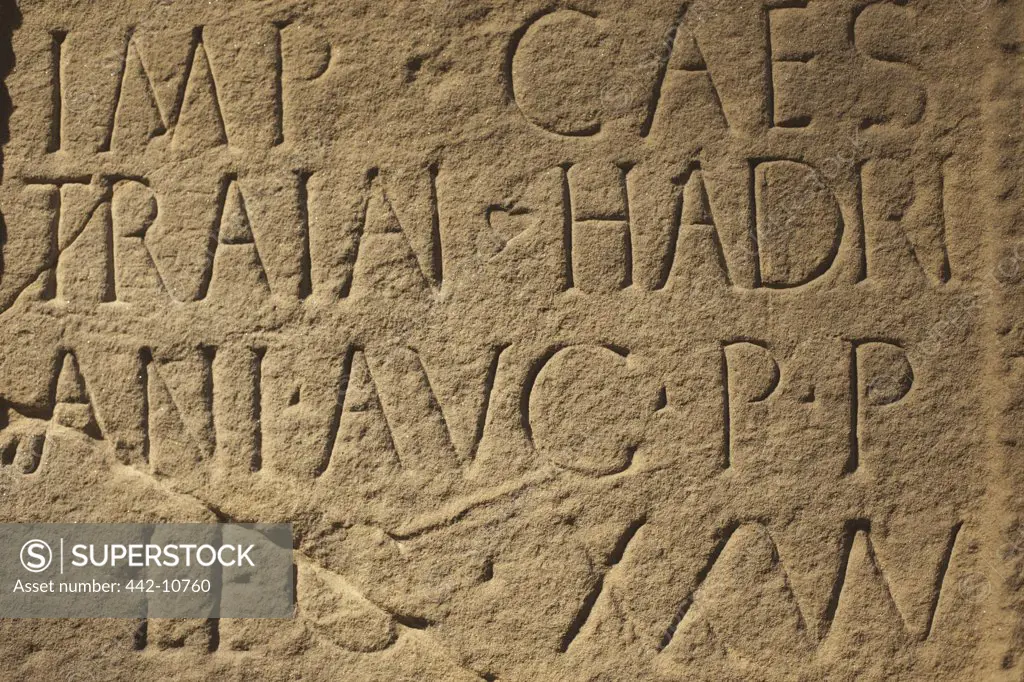 Detail of writing on Roman Plinth from Moresby near Hadrian's Wall in Cumbria, British Museum, London, England