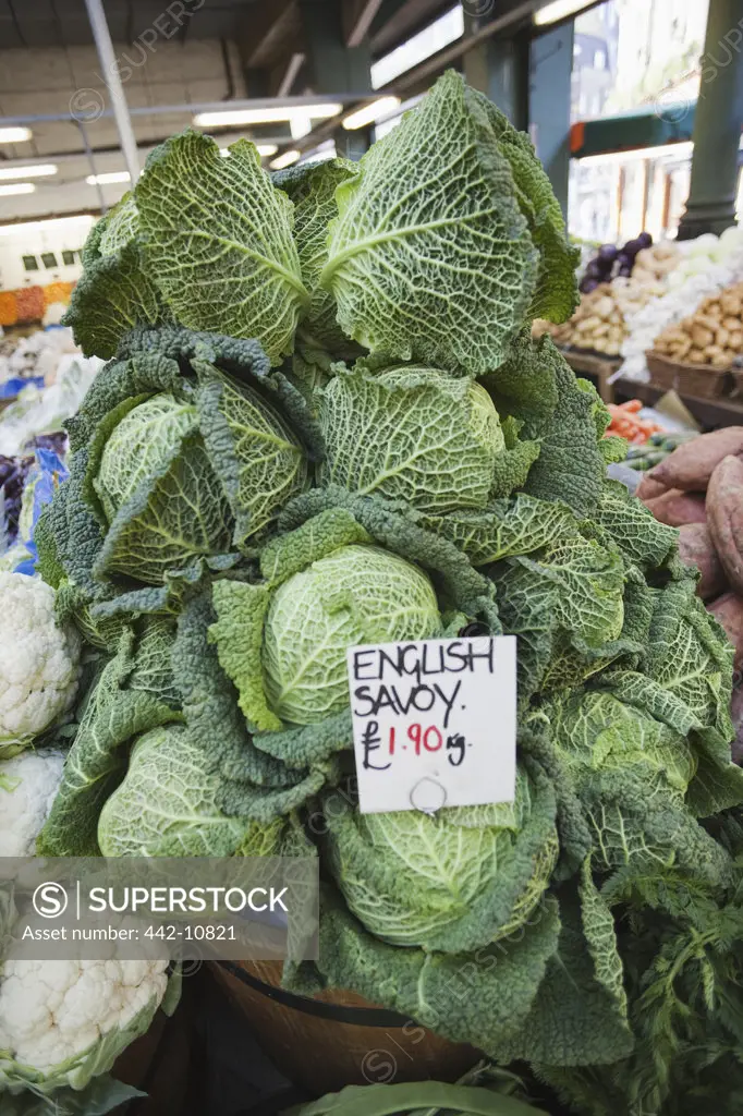 England, London, Southwark, Borough Market, Cabbage on Display at Market