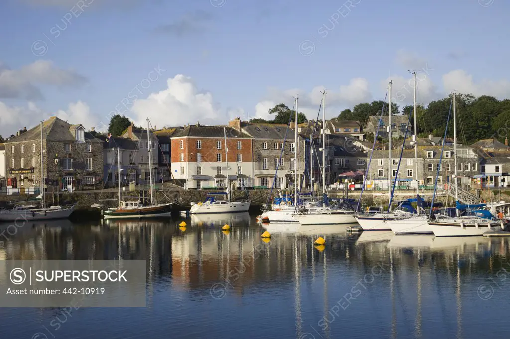 Boats moored at a harbor, Padstow, Cornwall, England