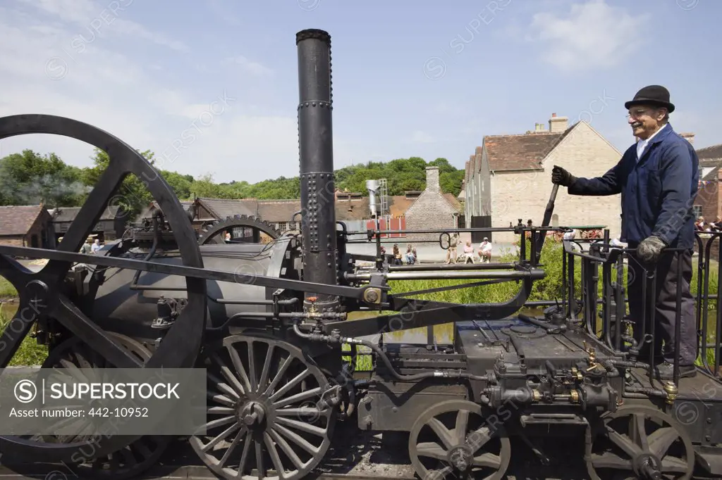 Locomotive being examined by an Engineer, Blists Hill, Ironbridge Gorge museums, Telford, Shropshire, England