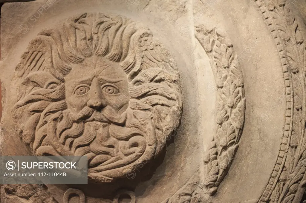 Detail of Gorgon's head, Roman Baths, Bath, Somerset, England