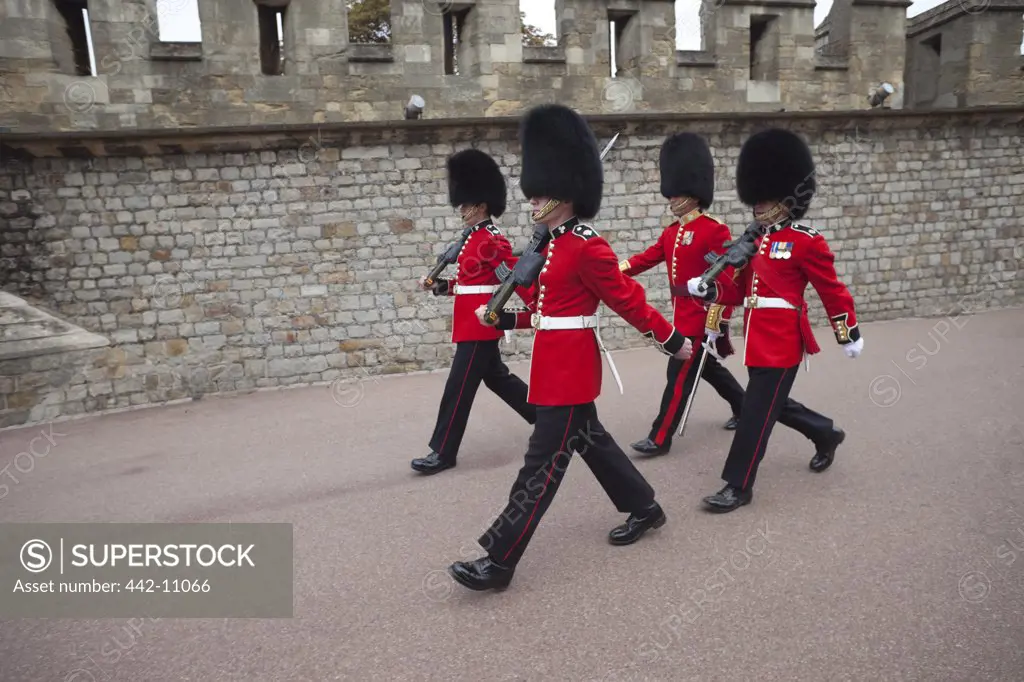 Royal guards marching at a castle, Windsor Castle, Windsor and Eton, Berkshire, England