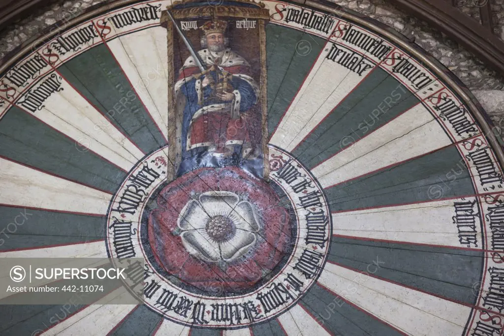 Close-up of the Arthurian Round Table, Great Hall, Winchester Castle, Winchester, Hampshire, England