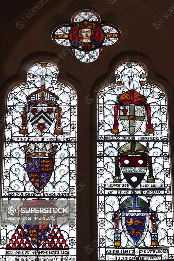 Coats of arms on stained glass window, The Great Hall, Winchester Castle, Winchester, Hampshire, England