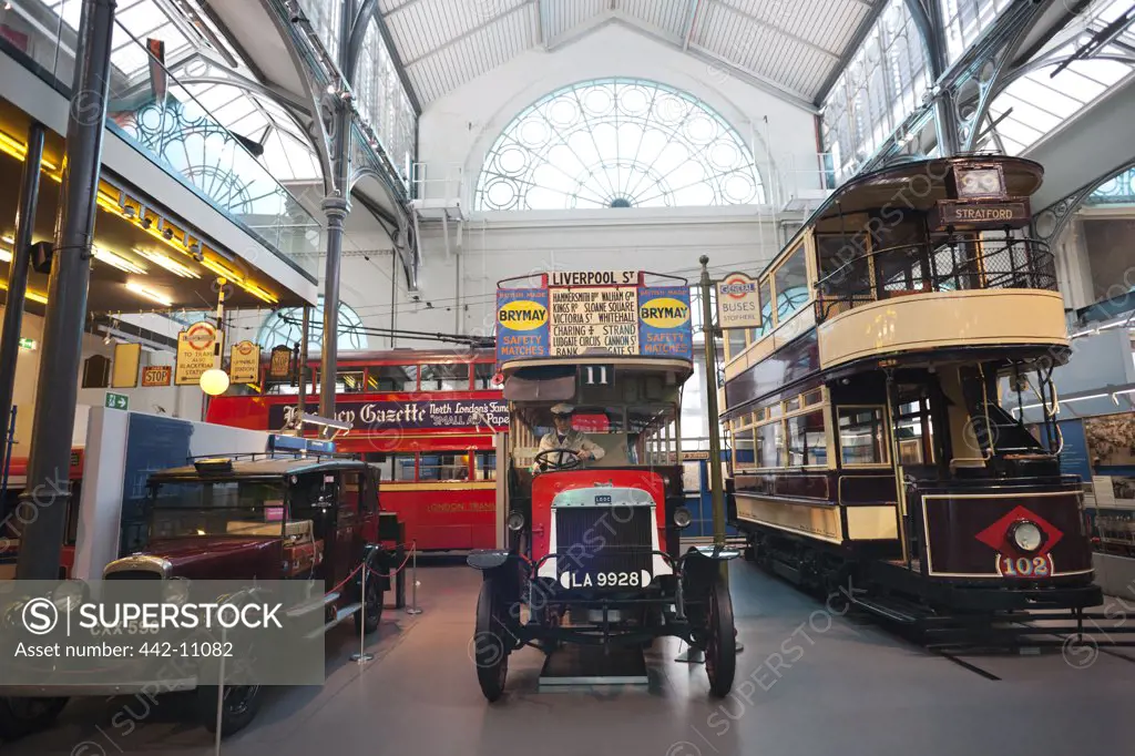 Buses in a museum, London Transport Museum, Covent Garden, London, England