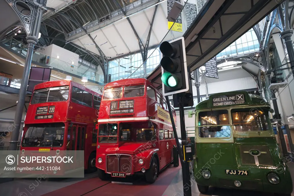 Buses in a museum, London Transport Museum, Covent Garden, London, England
