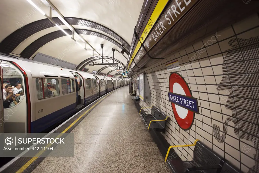 Train at a subway station, Baker Street Tube Station, Baker Street, London Underground, London, England