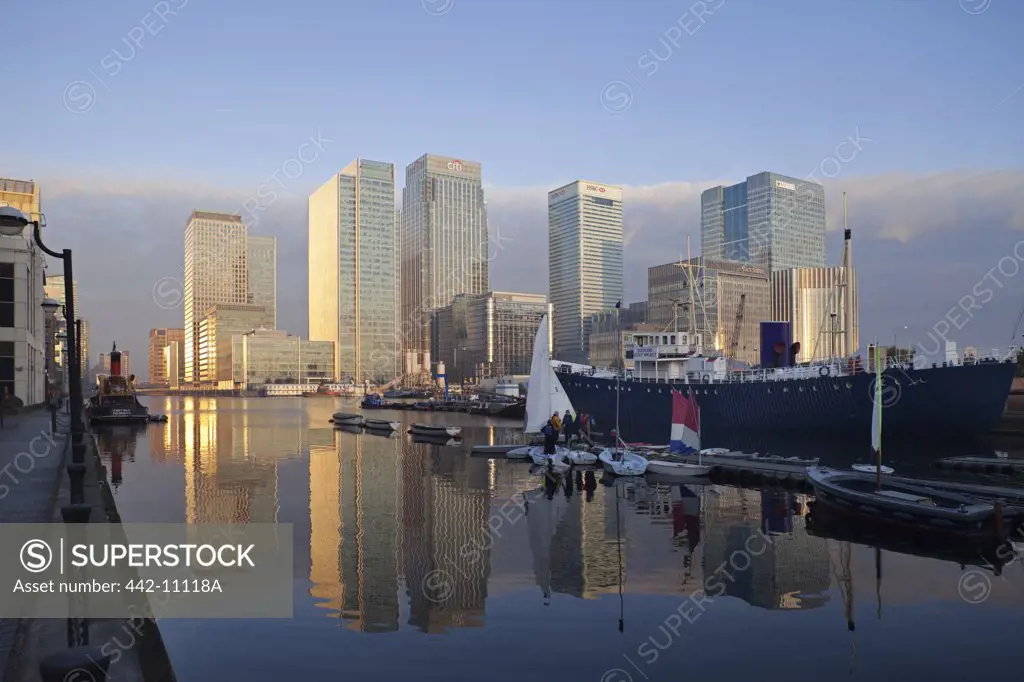 Reflection of buildings in water, Canary Wharf, Docklands, London, England